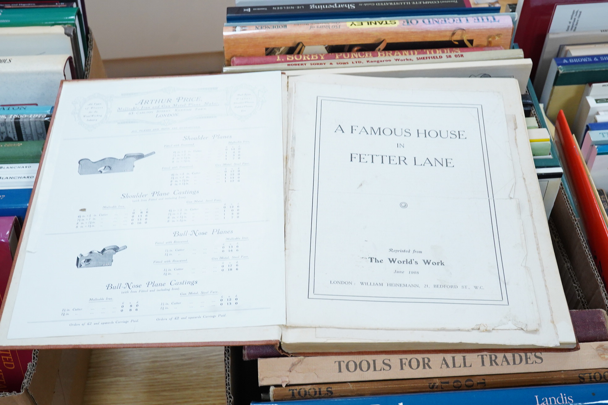 Two boxes of woodworking related books, titles include; The Workshop Book, Tools for all Trades, Alex Mathieson & Sons Ltd., Record Tools catalogues, Sorby ‘Punch Brand’ Tools catalogues, The Legend of Stanley, The Lie-N